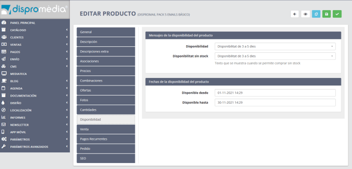 Disponibilidad de productos por fecha